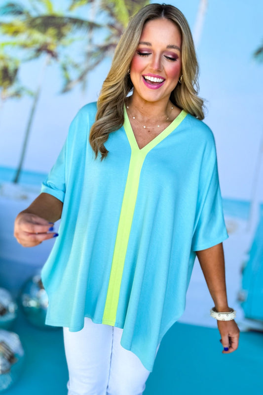 SSYS The Harper Colorblock Light Weight Air Tent Top In Blue, ssys the label, spring break top, spring break style, spring fashion affordable fashion, elevated style, bright style, bright top, mom style, shop style your senses by mallory fitzsimmons, ssys by mallory fitzsimmons