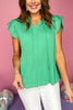 Green Frill V Neck Multi Way Pleated Tie Front Top, green top, pleated top, tie top, must have top, must have style, summer style, spring fashion, elevated style, elevated top, mom style, shop style your senses by mallory fitzsimmons, ssys by mallory fitzsimmons Edit alt text