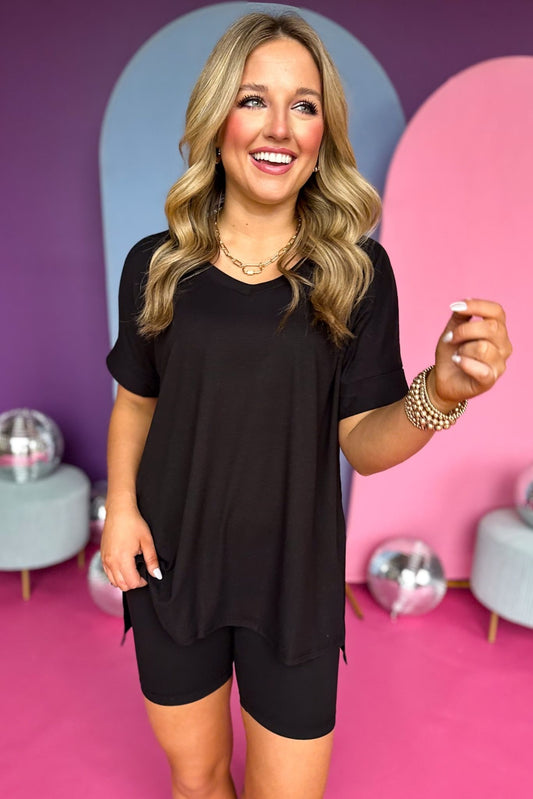 Black V Neck Top and Biker Shorts *FINAL SALE* *Final Sale*, must have biker shorts, must have set, comfortable set, cozy set, must have style, comfy style, elevated set, mom style, shop style your senses by mallory fitzsimmons