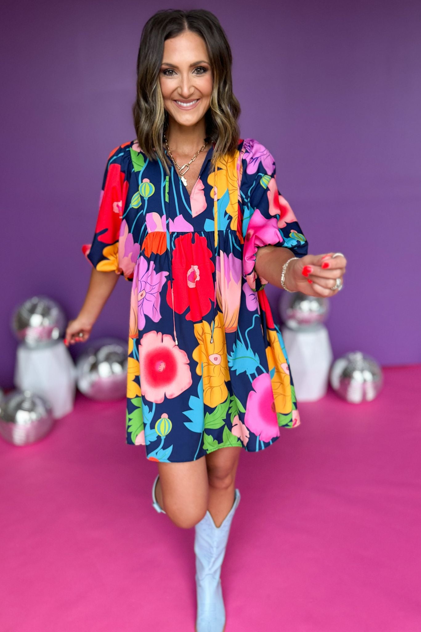 Navy Floral Printed Split Neck Tie Babydoll Dress