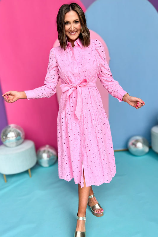 Pink Collared Button Front Self Tie Eyelet Midi Dress, eyelet dress, pink dress, must have dress, must have style, brunch style, spring fashion, elevated style, elevated dress, mom style, shop style your senses by mallory fitzsimmons, ssys by mallory fitzsimmons