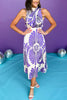 Purple Floral Printed High Neck Draped Sleeveless Maxi Dress, printed dress, must have dress, must have style, weekend style, brunch style, spring fashion, elevated style, elevated style, mom style, shop style your senses by mallory fitzsimmons, ssys by mallory fitzsimmons  Edit alt text
