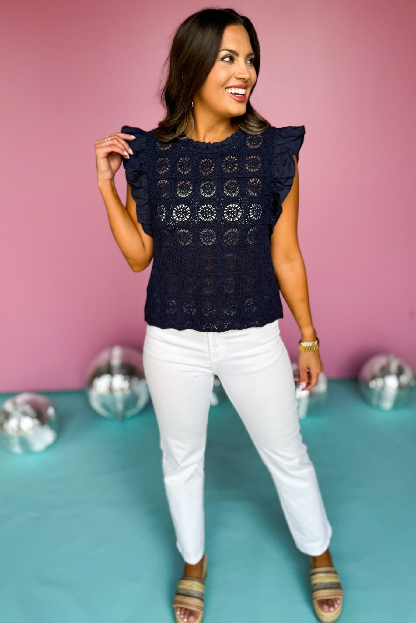 Navy Frill Neck Flutter Sleeve Crochet Top, crochet top, ruffle top, must have top, must have style, summer style, spring fashion, elevated style, elevated top, mom style, shop style your senses by mallory fitzsimmons, ssys by mallory fitzsimmons Edit alt text