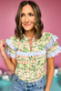 Peach Multi Floral Contrast Scallop Detail Double Ruffle Sleeve Top, top, short sleeve top, ruffle sleeve, ruffle sleeve top, scallop detail, scallop detail top, double ruffle, double ruffle sleeve, double ruffle sleeve top, peach print, peach printed top, peach multi floral print, peach multi floral printed top, must have top, elevated top, elevated style, summer top, summer style, Shop Style Your Senses by Mallory Fitzsimmons, SSYS by Mallory Fitzsimmons