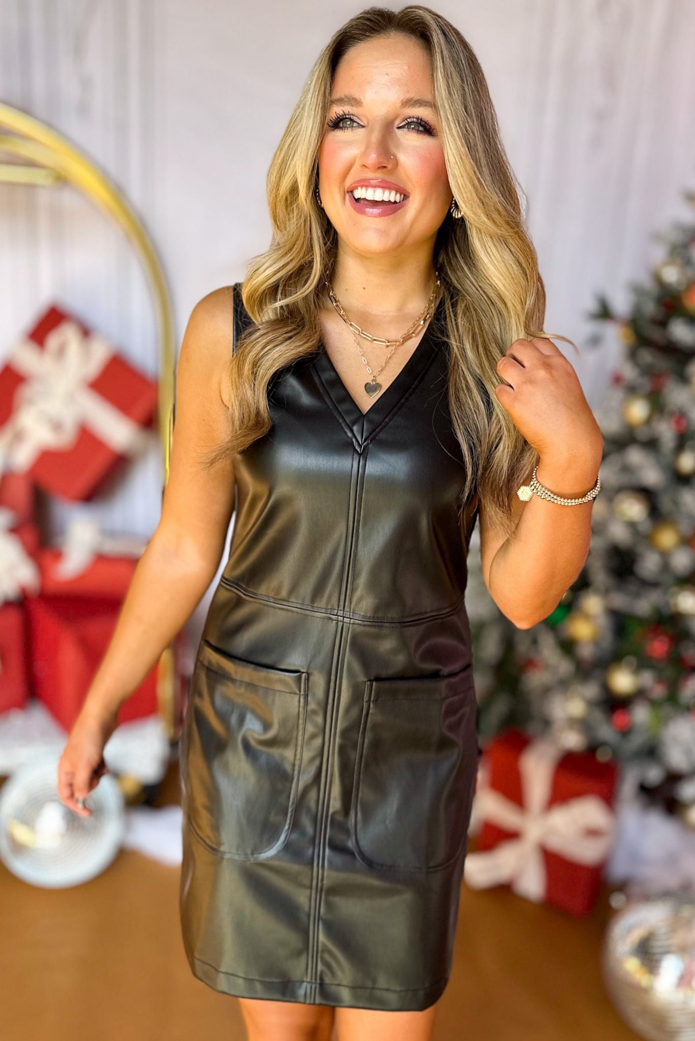 Black Faux Leather V Neck Double Pocket Sleeveless Dress, must have dress, must have style, fall style, fall fashion, elevated style, elevated dress, mom style, fall collection, fall dress, shop style your senses by mallory fitzsimmons