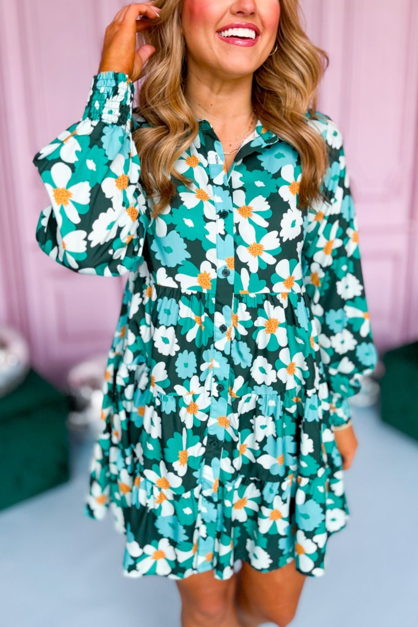 Green Floral Printed Collared Button Front Tiered Dress, must have dress, must have style, office style, spring fashion, elevated style, elevated dress, mom style, work dress, shop style your senses by mallory fitzsimmons