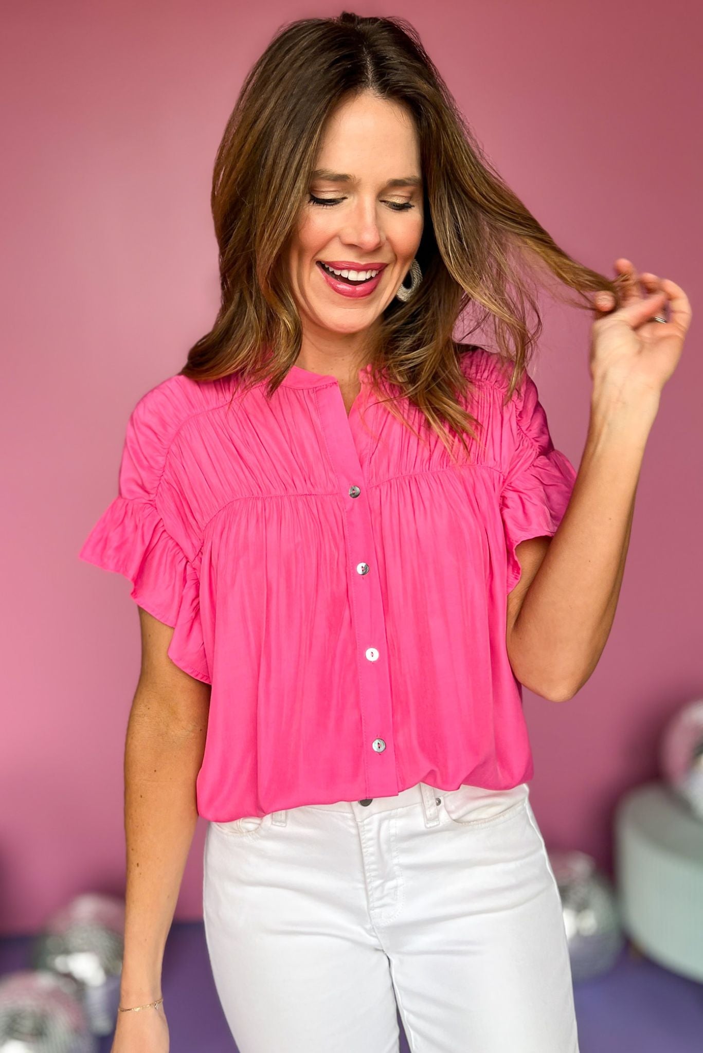 Pink Button Front Pleated Short Sleeve Top, pleated top, button down top, must have top, must have style, summer style, spring fashion, elevated style, elevated top, mom style, shop style your senses by mallory fitzsimmons, ssys by mallory fitzsimmons Edit alt text