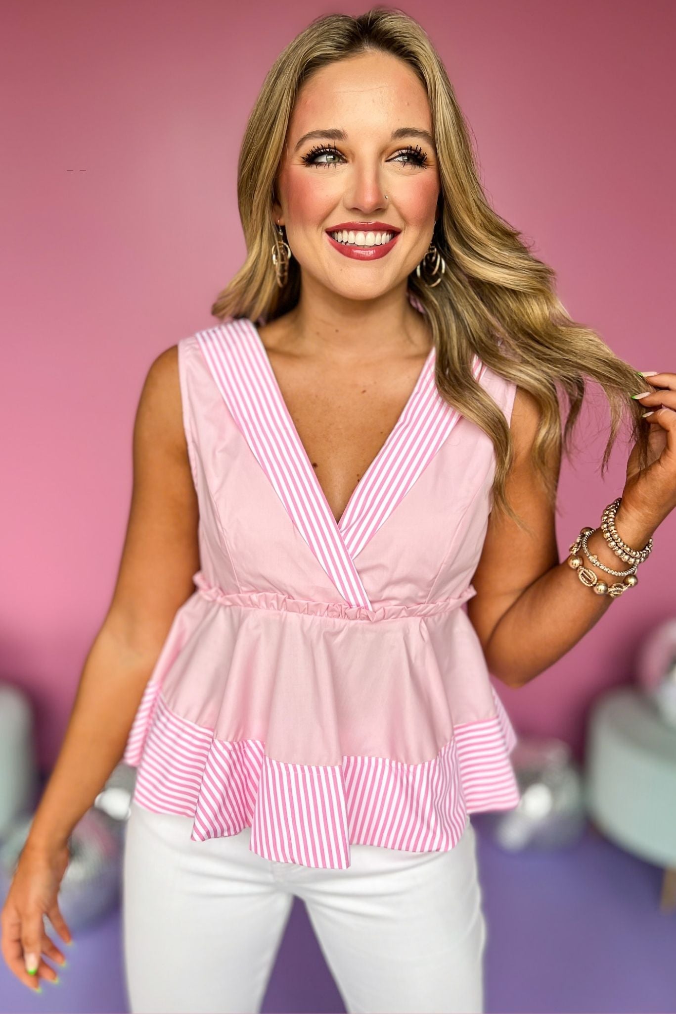 Pink V Neck Sleeveless Contrasting Stripe Ruffle Trim Top, poplin top, stripe top, must have top, must have style, summer style, spring fashion, elevated style, elevated top, mom style, shop style your senses by mallory fitzsimmons, ssys by mallory fitzsimmons