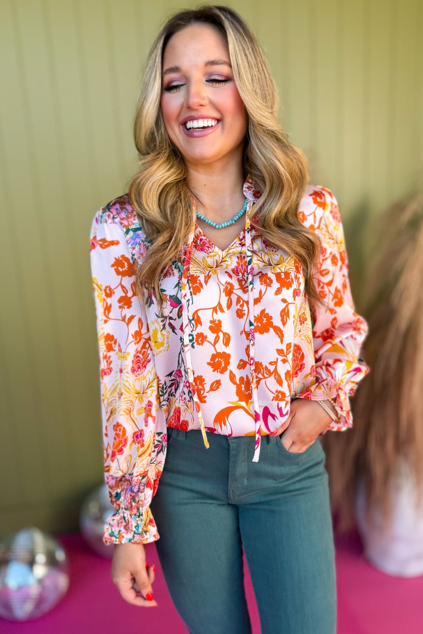 Pink Floral Printed Satin Tie Neck Long Sleeve Top, printed top, mixed print top, must have top, must have style, brunch style, summer style, spring fashion, elevated style, elevated top, mom style, shop style your senses by mallory fitzsimmons, ssys by mallory fitzsimmons