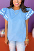 Blue Round Neck Double Flutter Contrast Trim Sleeve Top, trim detail top. ruffle sleeve top, must have top, must have style, summer style, spring fashion, elevated style, elevated top, mom style, shop style your senses by mallory fitzsimmons, ssys by mallory fitzsimmons  Edit alt text