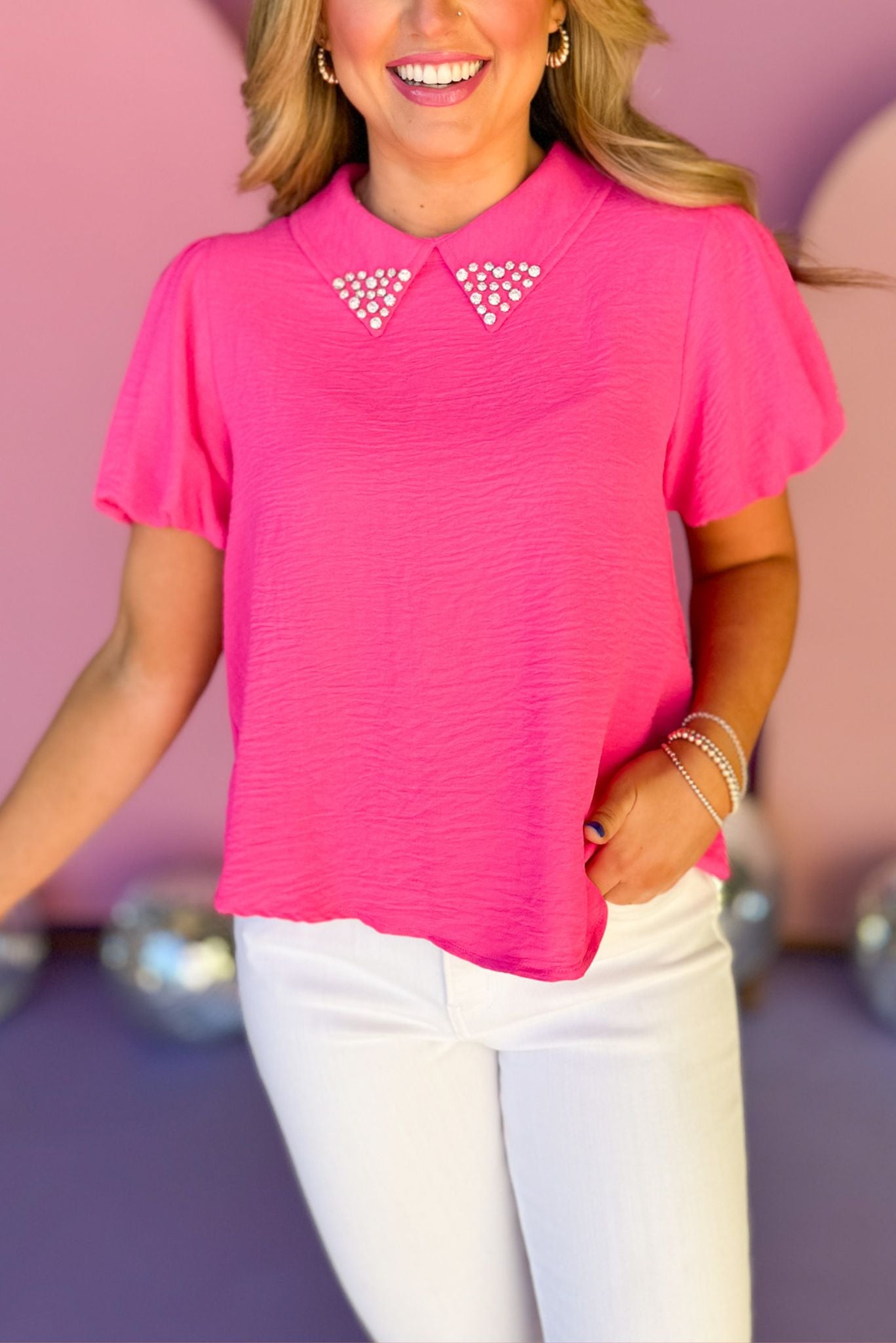 Pink Collared Jewelry Detail Puff Sleeve Top, must have top, must have style, office style, spring fashion, elevated style, elevated top, mom style, work top, shop style your senses by mallory fitzsimmons, ssys by mallory fitzsimmons