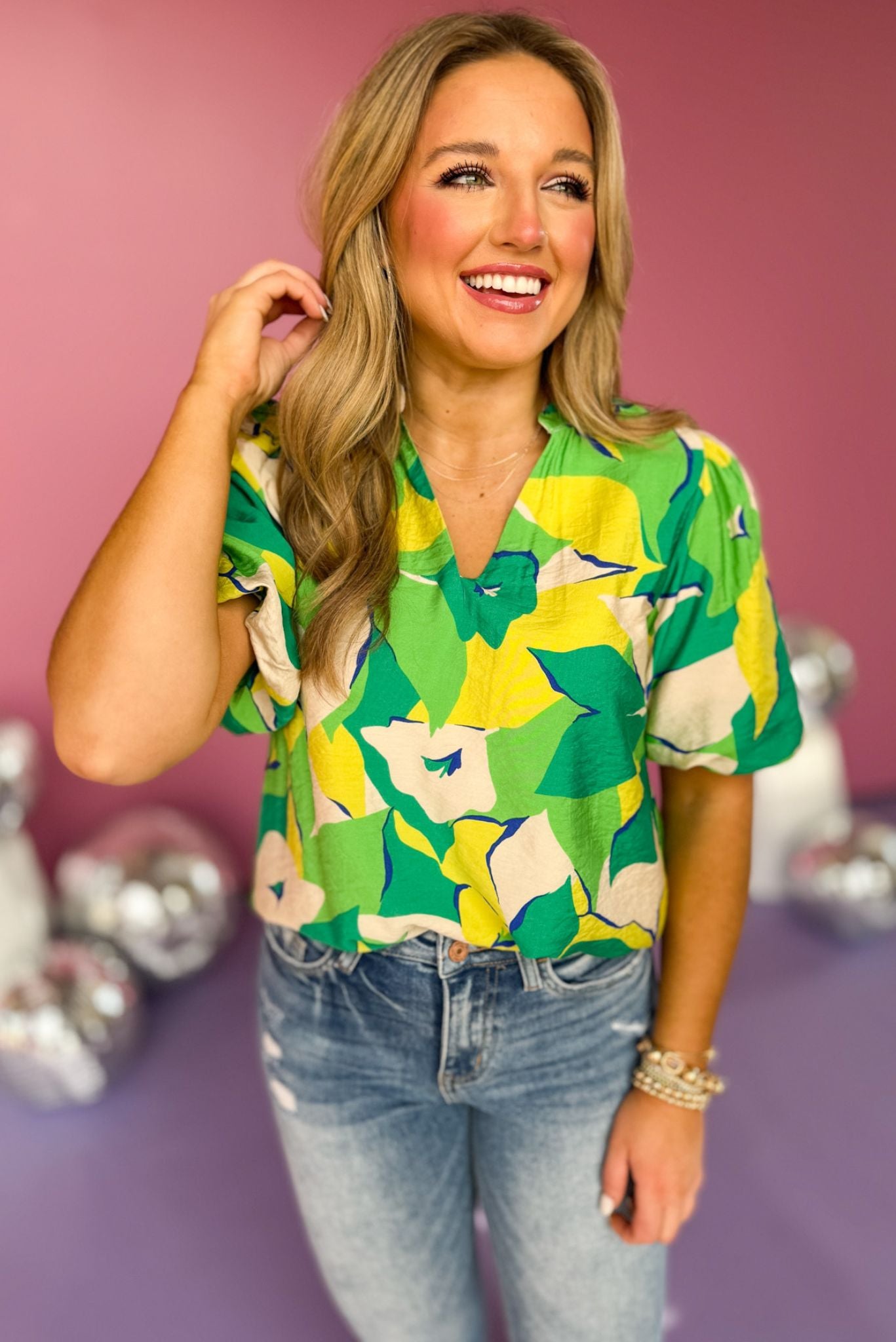 Green Floral V Neck Band Collar Puff Sleeve Top, floral top, bright top, must have top, must have style, office style, spring fashion, elevated style, elevated top, mom style, work top, shop style your senses by mallory fitzsimmons, ssys by mallory fitzsimmons