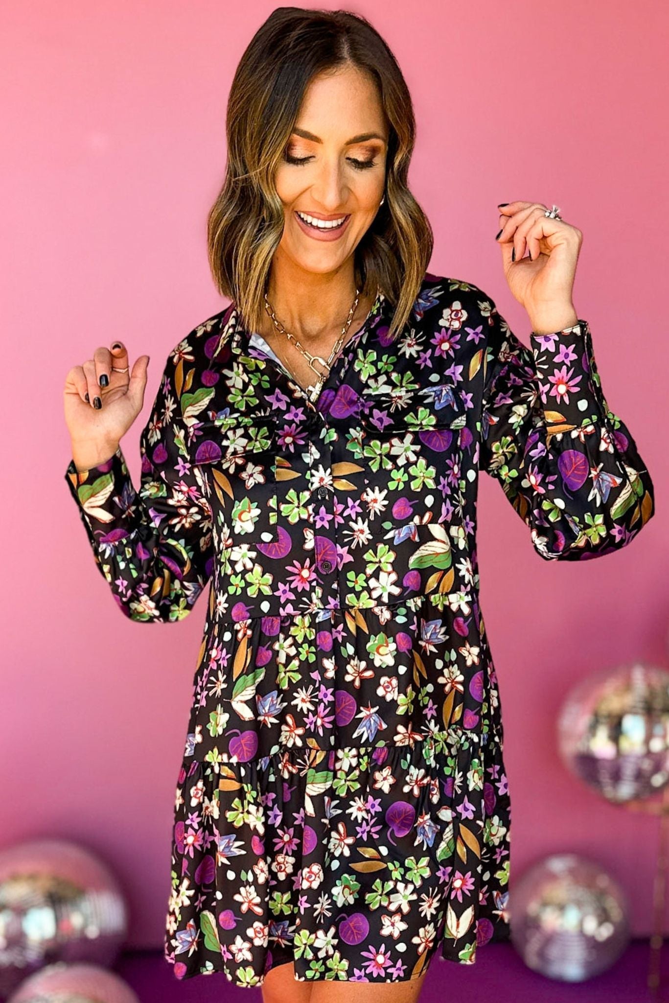 Karlie Black Floral Printed Satin Pocket Detail Dress, must have dress, must have style, fall style, fall fashion, elevated style, elevated dress, mom style, fall collection, fall dress, shop style your senses by mallory fitzsimmons