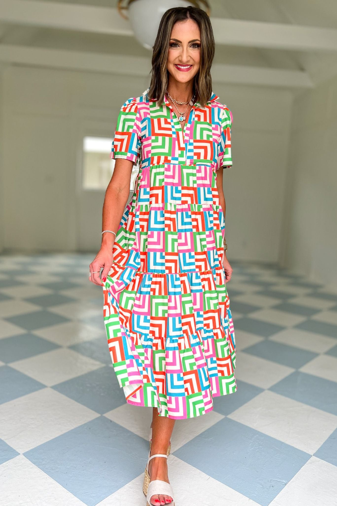 SSYS The Short Sleeve Emery Midi Dress In Colorblock Geometric, ssys the label, ssys dress, printed dress, must have dress, must have style, weekend style, brunch style, spring fashion, elevated style, elevated style, mom style, shop style your senses by mallory fitzsimmons, ssys by mallory fitzsimmons
