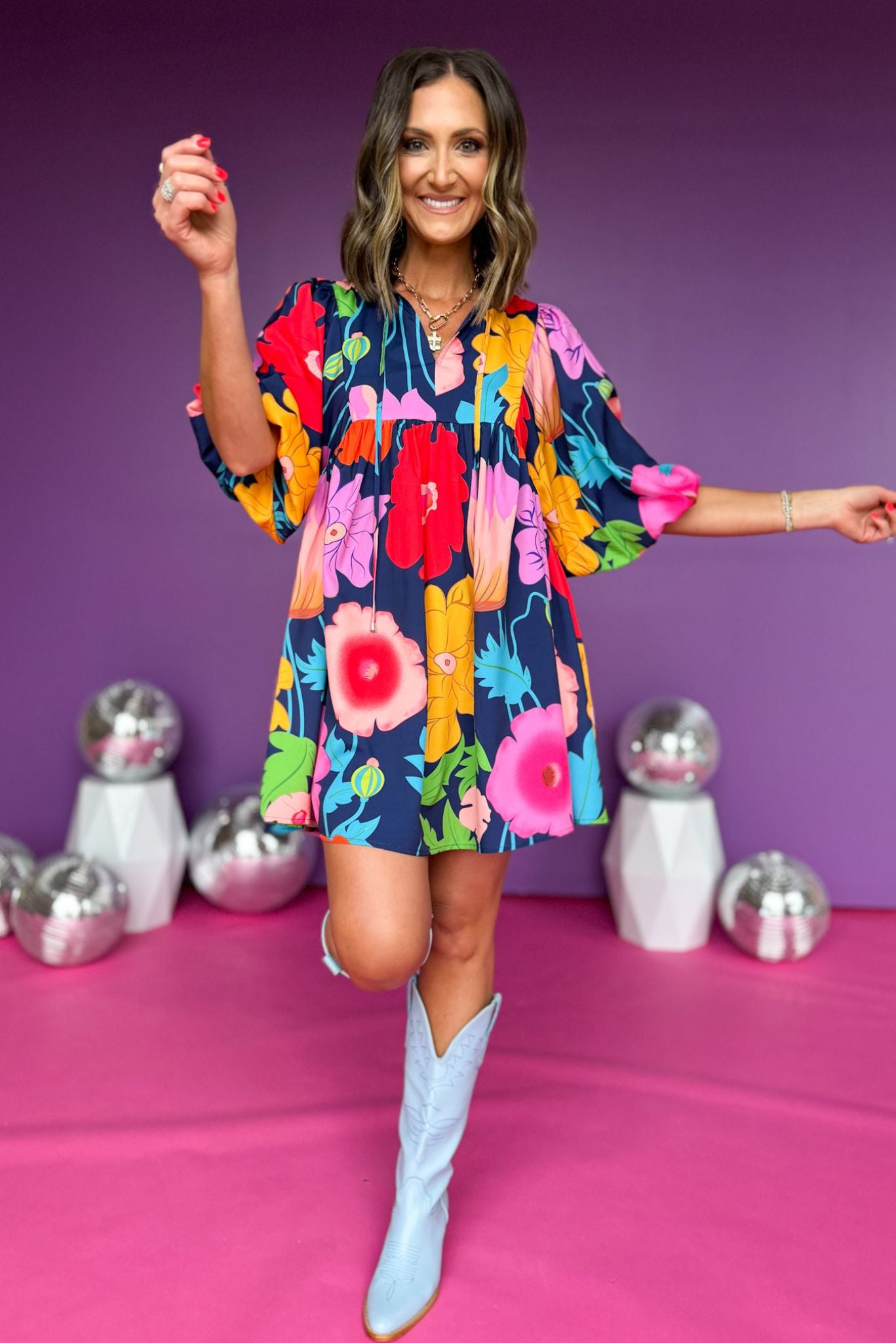 Navy Floral Printed Split Neck Tie Babydoll Dress