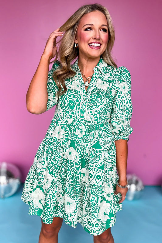 Green Paisley Printed Two Tone Split Neck Collared Three Quarter Sleeve Dress, paisley dress, green dress, must have dress, must have style, weekend style, brunch style, spring fashion, elevated style, elevated style, mom style, shop style your senses by mallory fitzsimmons, ssys by mallory fitzsimmons