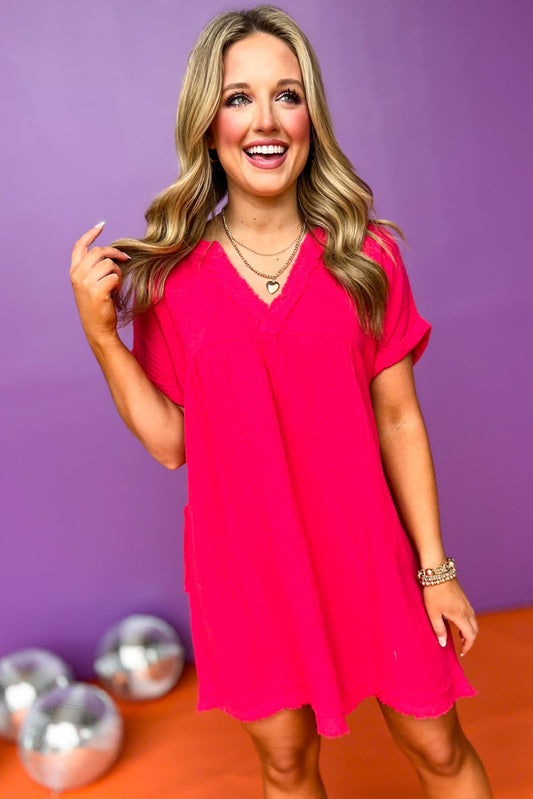  Magenta Muslin V Neck Raw Hem Babydoll Dress *FINAL SALE*, Saturday steal, must have dress, must have style, weekend style, brunch style, spring fashion, elevated style, elevated style, mom style, shop style your senses by mallory fitzsimmons, ssys by mallory fitzsimmons
