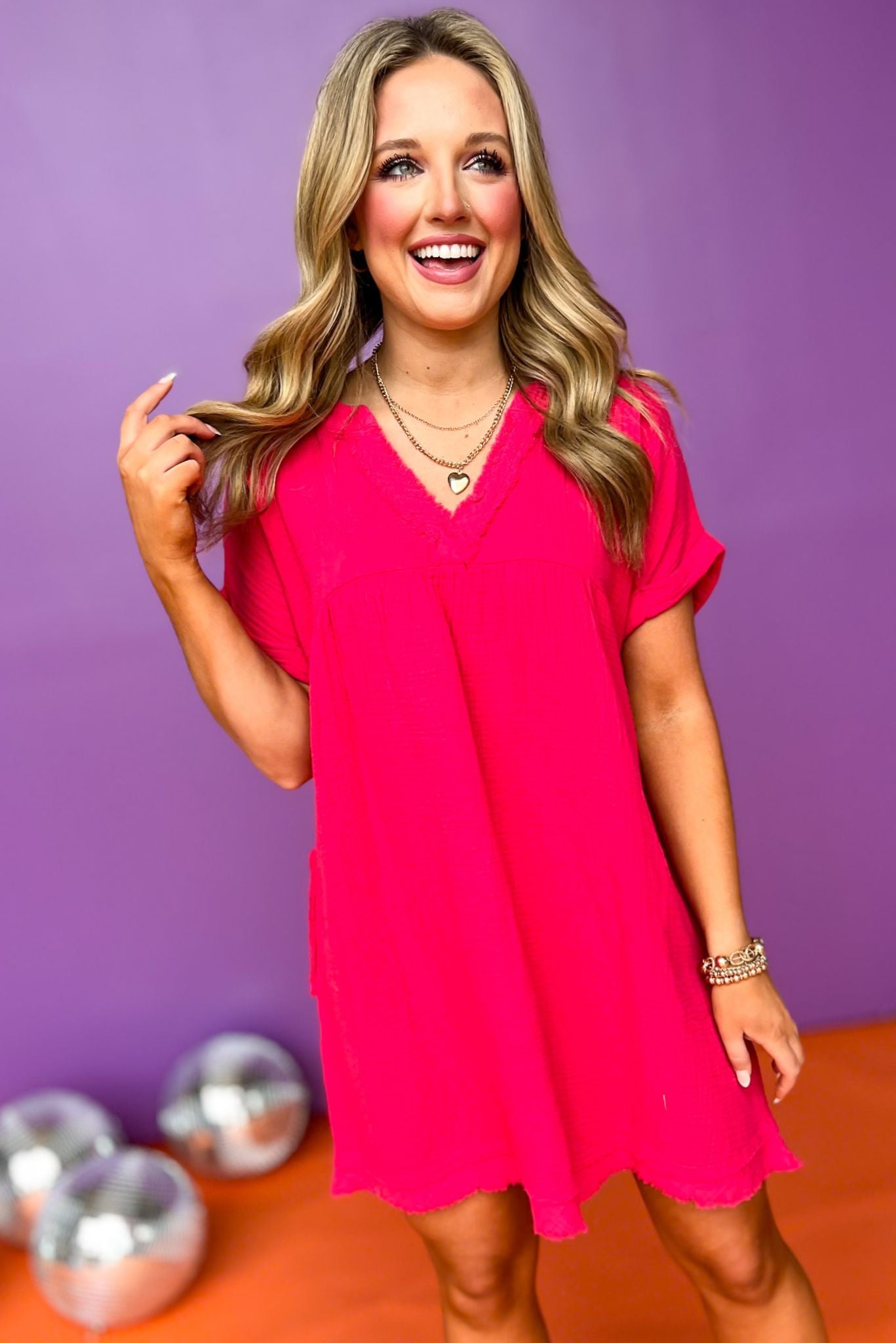 Magenta Muslin V Neck Raw Hem Babydoll Dress *FINAL SALE*, Saturday steal, must have dress, must have style, weekend style, brunch style, spring fashion, elevated style, elevated style, mom style, shop style your senses by mallory fitzsimmons, ssys by mallory fitzsimmons