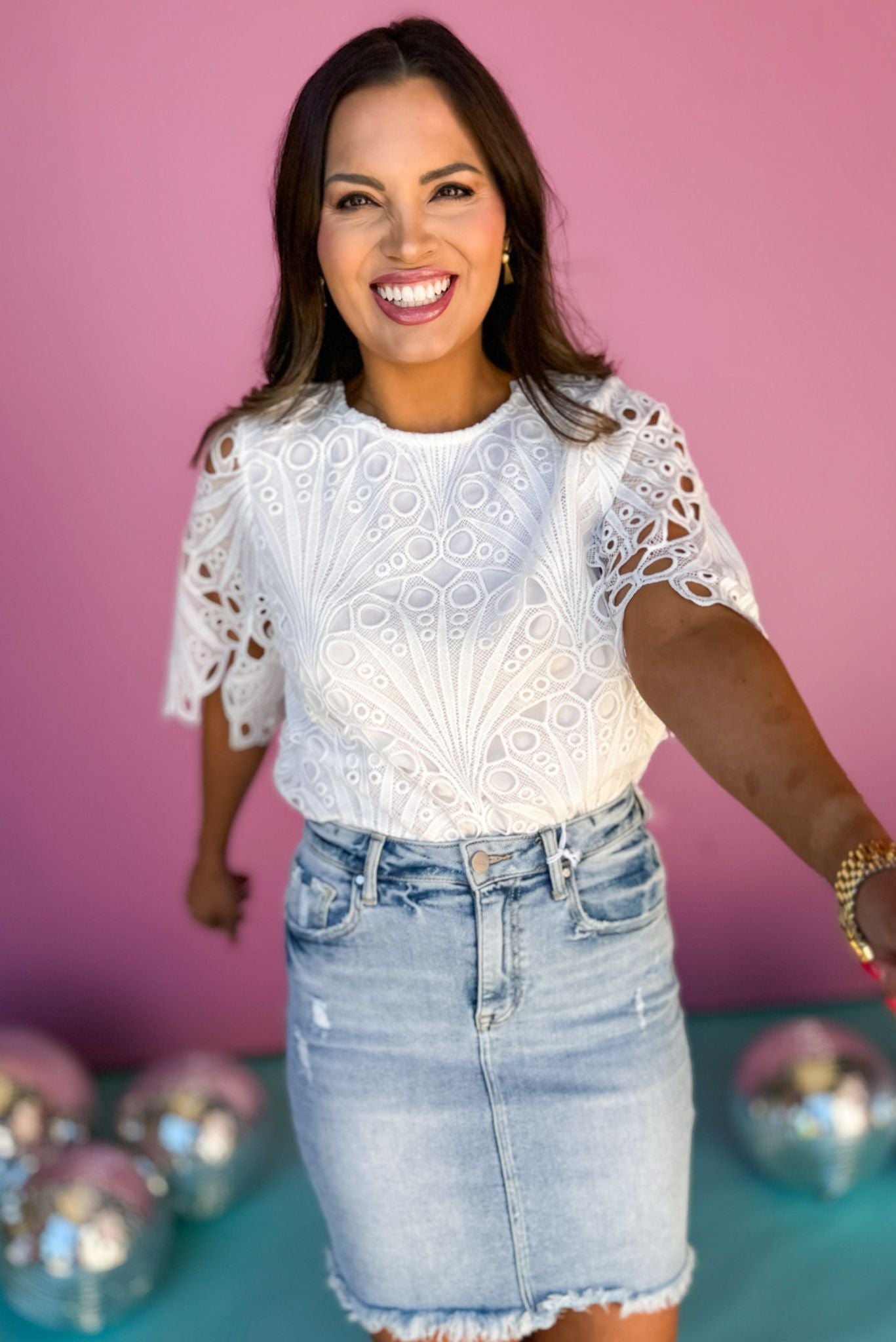 Off White Round Neck Short Sleeve Scallop Edge Lace Top, lace detail, trendy style, must have top, must have style, summer style, spring fashion, elevated style, elevated top, mom style, shop style your senses by mallory fitzsimmons, ssys by mallory fitzsimmons  Edit alt text