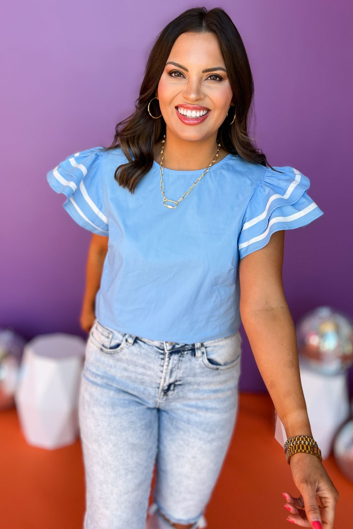 Blue Round Neck Double Flutter Contrast Trim Sleeve Top, trim detail top. ruffle sleeve top, must have top, must have style, summer style, spring fashion, elevated style, elevated top, mom style, shop style your senses by mallory fitzsimmons, ssys by mallory fitzsimmons  Edit alt text