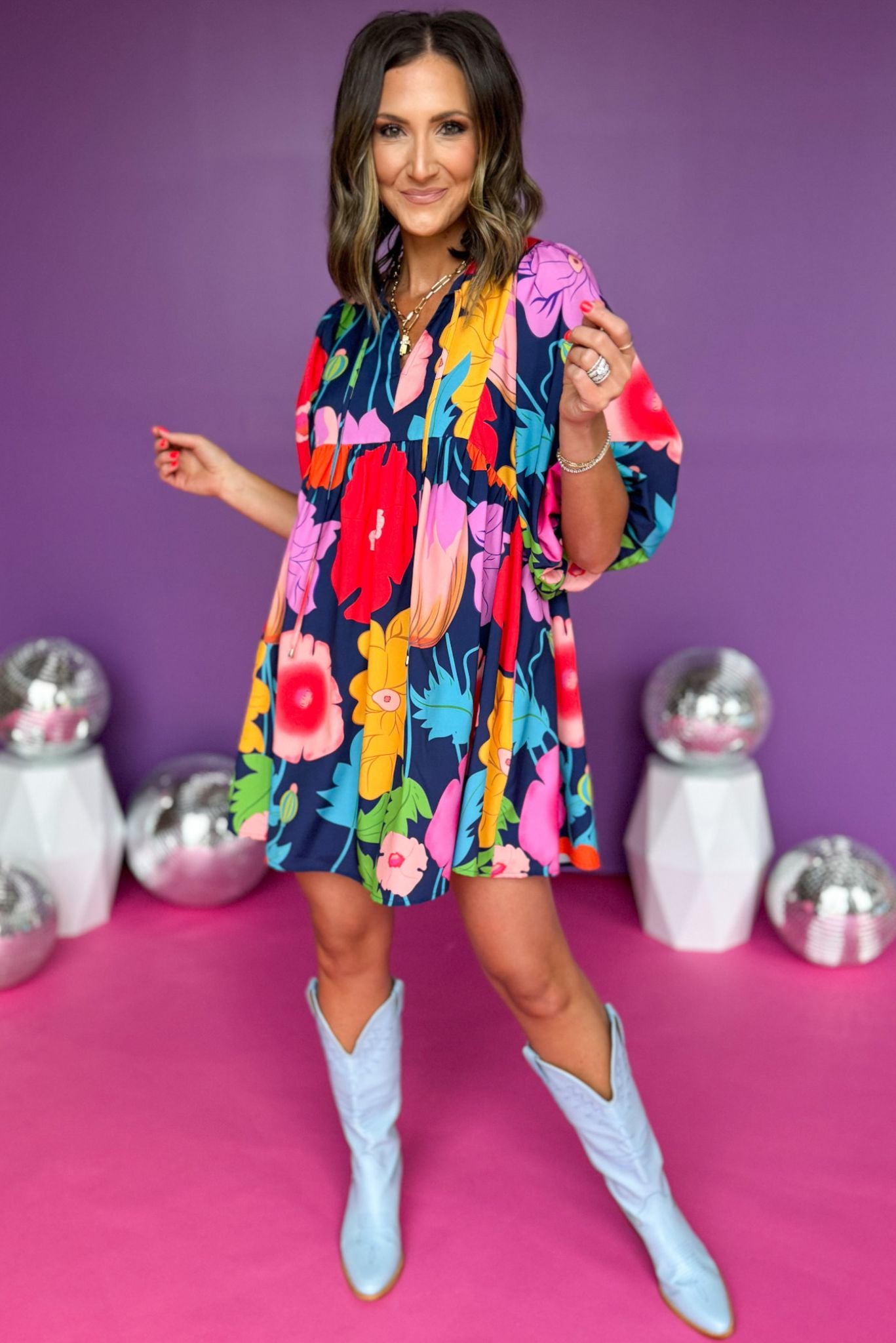 Navy Floral Printed Split Neck Tie Babydoll Dress