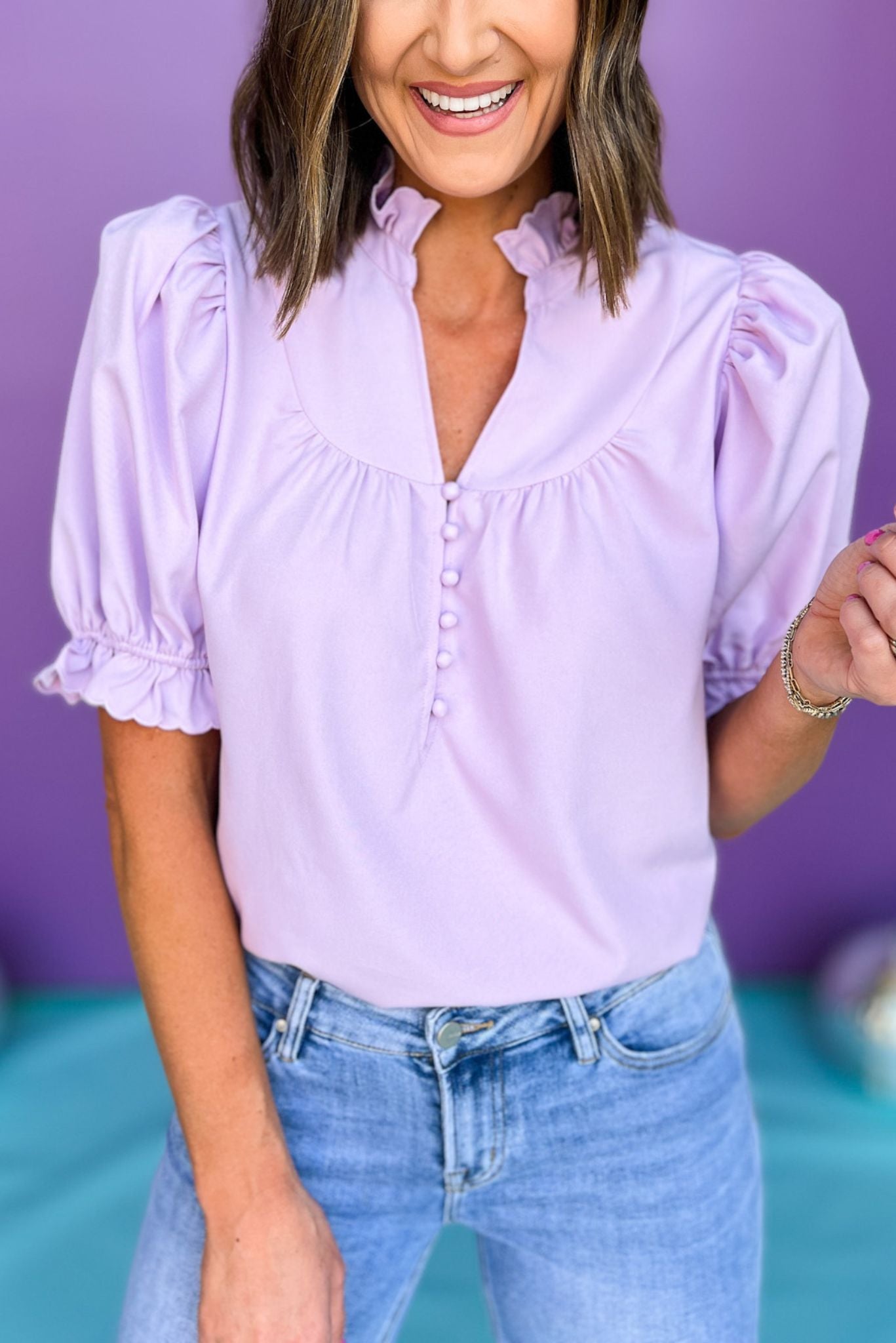 Lavender Frill Split Neck Puff Elastic Cuff Sleeve Top, must have top, must have style, summer style, spring fashion, elevated style, elevated top, mom style, shop style your senses by mallory fitzsimmons, ssys by mallory fitzsimmons  Edit alt text