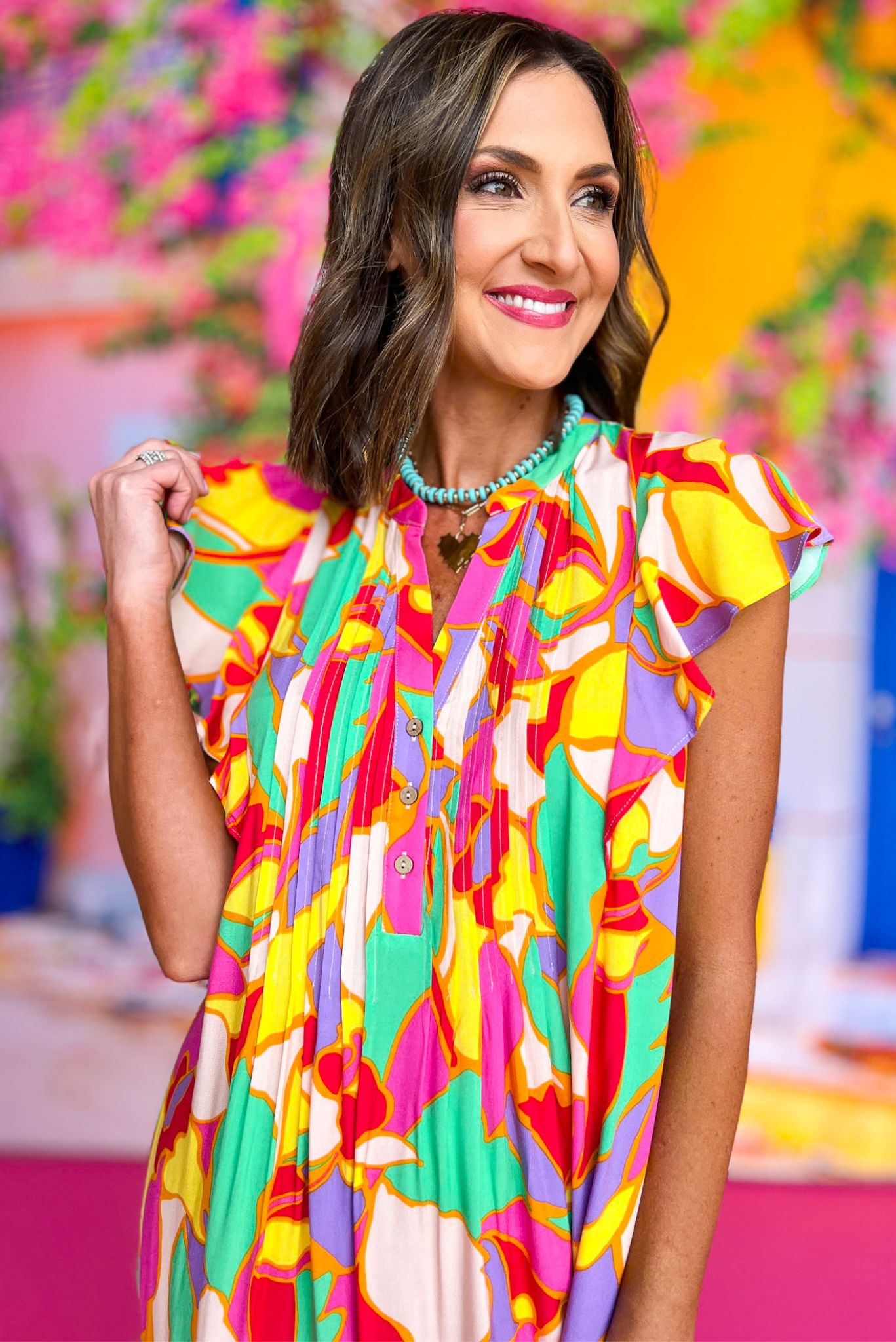 Pink Multi Printed Flutter Cap Sleeve V Neck Maxi Dress, printed dress, summer dress, spring dress, elevated dress, mom style, summer style, ssys by Mallory Fitzsimmons  Edit alt text