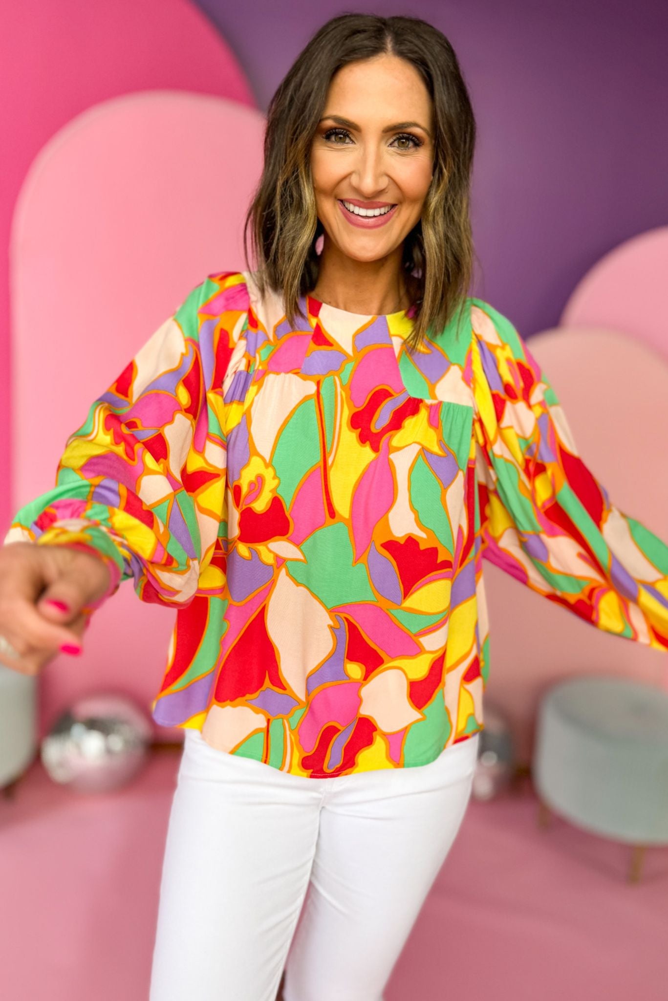 Pink Multi Abstract Crew Neck Button Cuff Top, printed top, bright top, must have top, must have style, office style, spring fashion, elevated style, elevated top, mom style, work top, shop style your senses by mallory fitzsimmons, ssys by mallory fitzsimmons