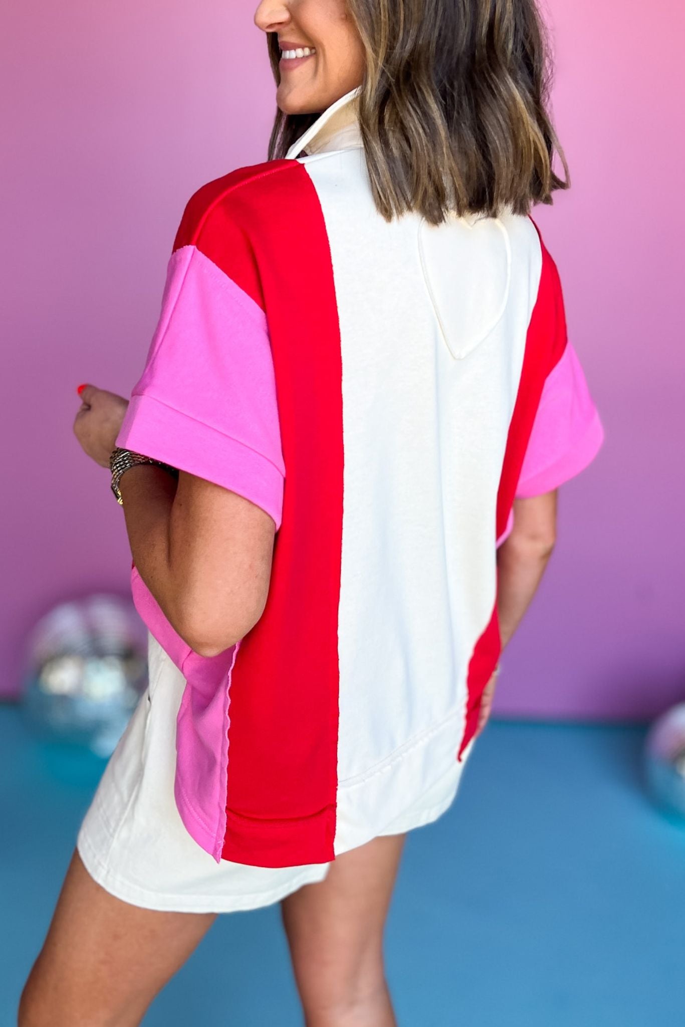 Ecru Colorblock V Neck Collared Side Slit Top, must have top, must have style, summer style, spring fashion, elevated style, elevated top, mom style, shop style your senses by mallory fitzsimmons, ssys by mallory fitzsimmons