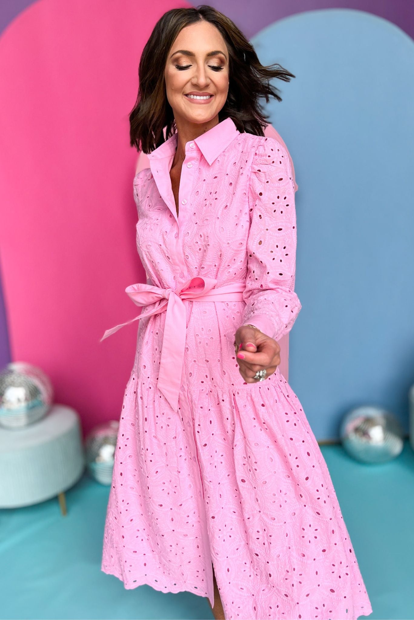 Pink Collared Button Front Self Tie Eyelet Midi Dress, eyelet dress, pink dress, must have dress, must have style, brunch style, spring fashion, elevated style, elevated dress, mom style, shop style your senses by mallory fitzsimmons, ssys by mallory fitzsimmons