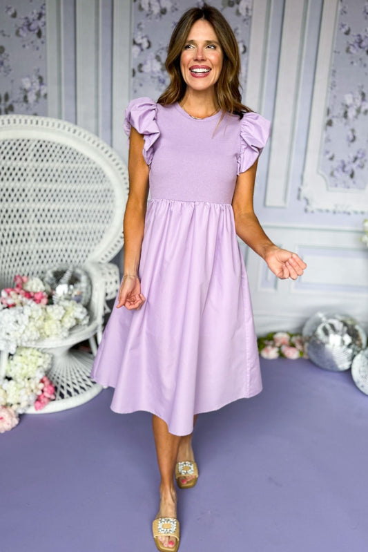 Lilac Dropped Waist Ruffle Shoulder Midi Dress, spring dress, elevated dress, must have dress, mothers day dress, special occasion dress, spring style, summer style, church dress, mom style, shop style your senses by Mallory Fitzsimmons, ssys by Mallory Fitzsimmons