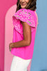 Pink Embroidered Frill Neck Ruffle Sleeve Top, embroidered top, bright top, must have top, must have style, brunch style, summer style, spring fashion, elevated style, elevated top, mom style, shop style your senses by mallory fitzsimmons, ssys by mallory fitzsimmons
