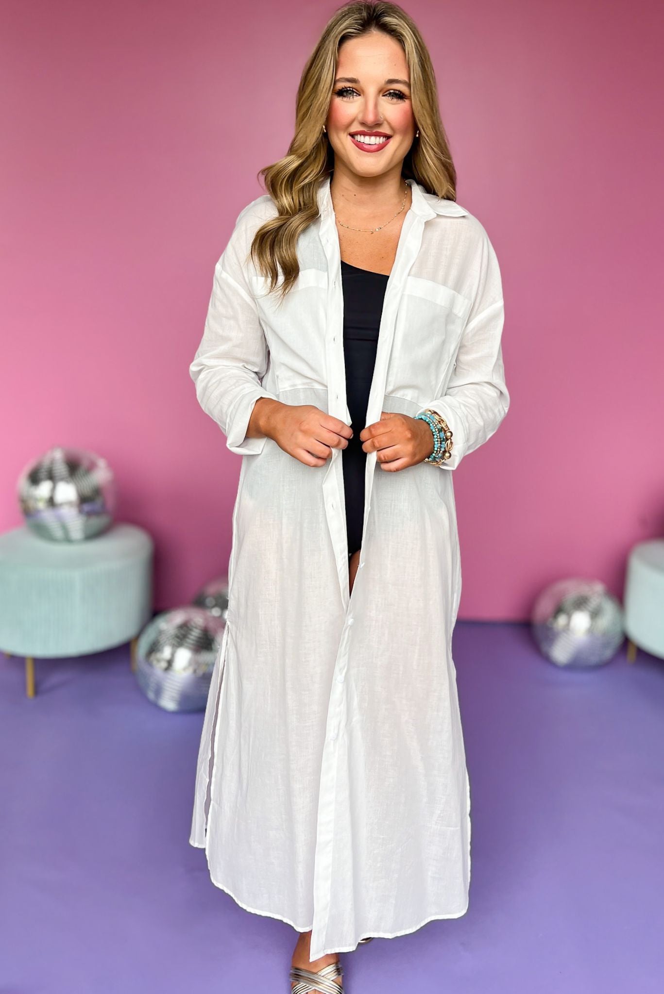  White Collared Button Down Side Slit Cover Up Shirt Dress *FINAL SALE* *Final Sale*, Saturday steals, swim cover up, must have swim, must have summer, summer dress, swim dress elevated style, elevated dress, mom style, summer style, pool style, vacation style, shop style your senses by Mallory Fitzsimmons, ssys by Mallory Fitzsimmons