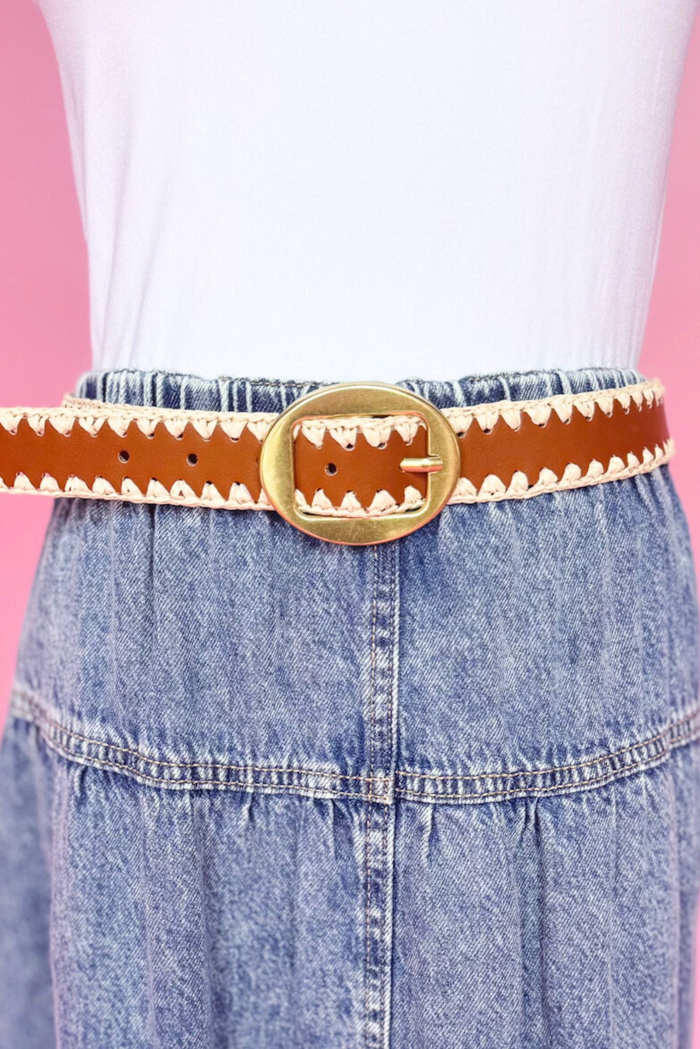 Brown Contrast Whip Stitch Oval Buckle Belt, accessory, belt, gold buckle belt, brown belt, gold buckle brown belt, whip stitch detail, whip stitch detail belt, brown whip stitch belt, must have accessory, elevated accessory, elevated style, Shop Style Your Senses by Mallory Fitzsimmons, SSYS by Mallory Fitzsimmons