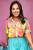 Magenta Multi Abstract Collared Button Down Top, printed top, multi color top, must have top, must have style, summer style, spring fashion, elevated style, elevated top, mom style, shop style your senses by mallory fitzsimmons, ssys by mallory fitzsimmons