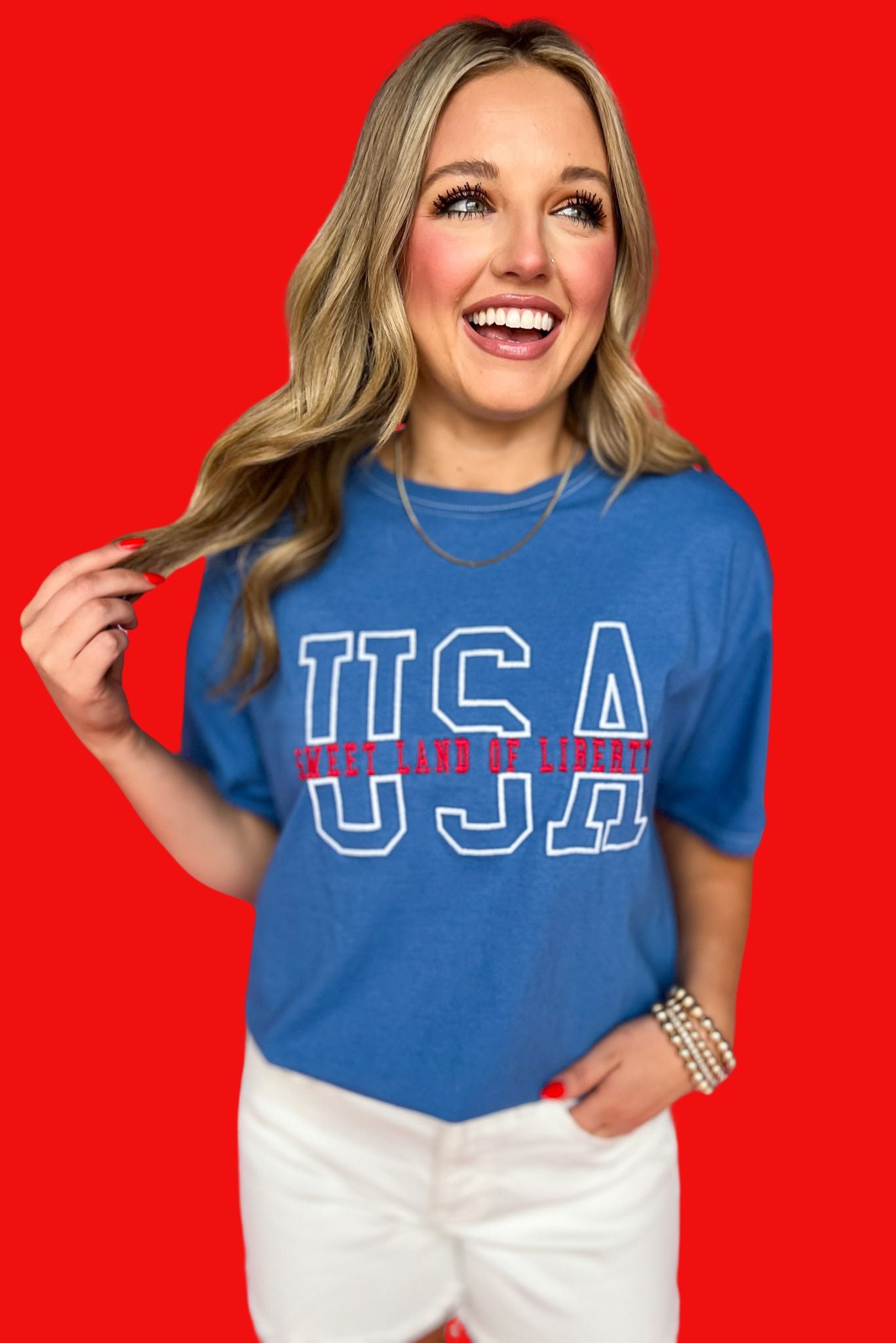 Blue USA Embroidered Graphic Tee, graphic tee, must have tee, elevated tee, Fourth of July, mom style, patriotic style, ssys by MALLORY FITZSIMMONS