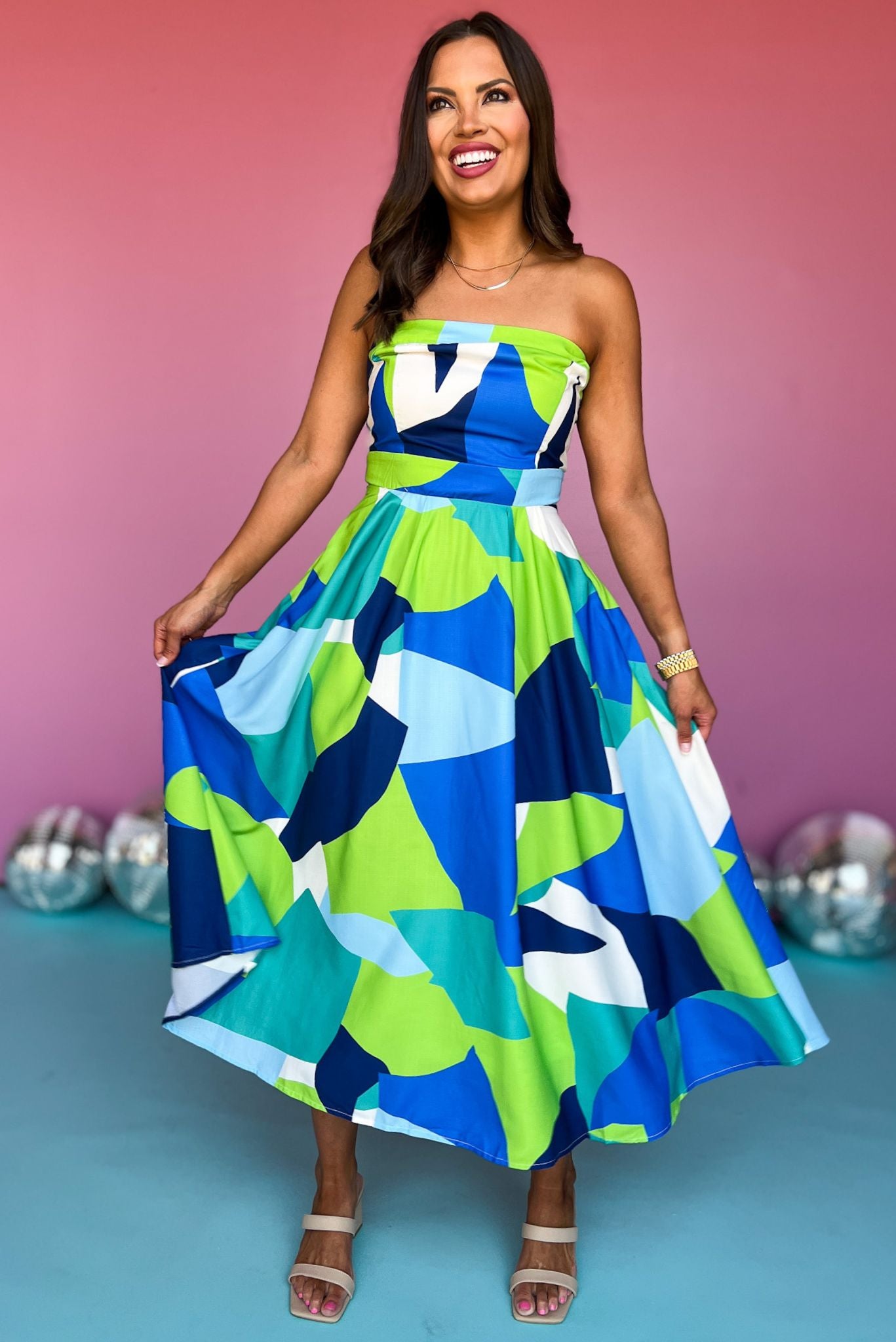 Blue Abstract Print Removable Strap Midi Dress, abstract print dress, must have dress, event dress, summer wedding dress, blue dress, strapless dress, mom style, summer style, shop style your senses by Mallory Fitzsimmons, ssys by Mallory Fitzsimmons