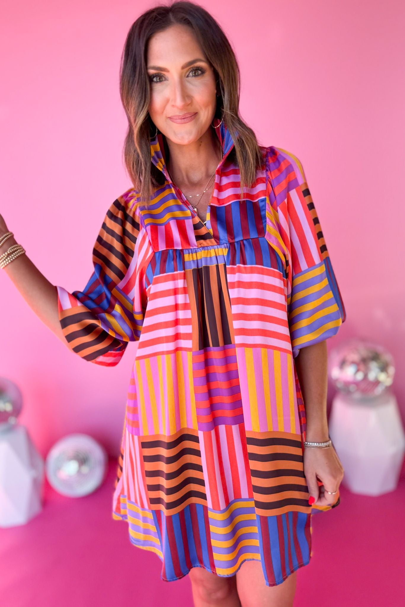 Lavender Multi Stripe Print High Ruffle Collar V Neck Dress, must have dress, must have style, coming soon, spring fashion, elevated style, elevated dress, mom style, spring collection, spring dress, shop style your senses by mallory fitzsimmons