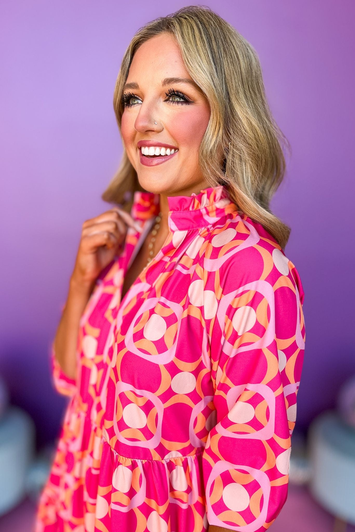 SSYS The Mix Print Tatum Dress In Hot Pink Geometric, ssys the label, ssys dress, must have dress, elevated dress, printed dress, mix print dress, mom style, church dress, weekend dress, brunch dress, shop style your senses by Mallory Fitzsimmons, ssys by Mallory Fitzsimmons Edit alt text