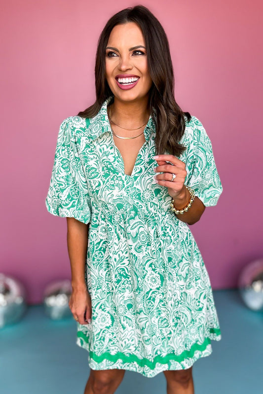Green Paisley Printed Two Tone Ric Rac Bubble Short Sleeve Dress, ric rack dress, paisley dress, must have dress, must have style, weekend style, brunch style, spring fashion, elevated style, elevated style, mom style, shop style your senses by mallory fitzsimmons, ssys by mallory fitzsimmons