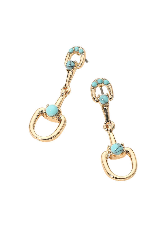 Gold Horsebit Drop Earrings with Turquoise