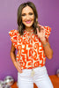 THML Orange Print Split Frill Neck Tie Tassel Flutter Short Sleeve Top, theme top, printed top, orange top, must have top, must have style, summer style, spring fashion, elevated style, elevated top, mom style, shop style your senses by mallory fitzsimmons, ssys by mallory fitzsimmons