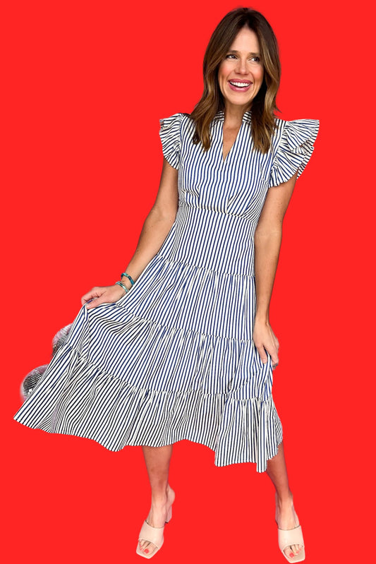 Blue Striped V Neck Ruffle Sleeve Tiered Midi Dress, dress, midi dress, short sleeve dress, ruffle sleeve dress, v neck dress, blue striped dress, must have dress, elevated dress, elevated style, summer dress, summer style, Shop Style Your Senses by Mallory Fitzsimmons, SSYS by Mallory Fitzsimmons
