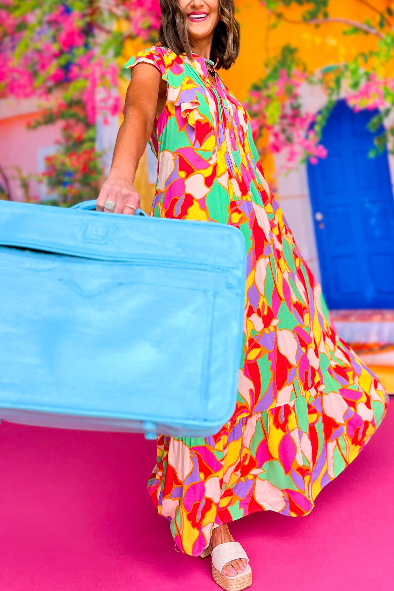 Pink Multi Printed Flutter Cap Sleeve V Neck Maxi Dress, printed dress, summer dress, spring dress, elevated dress, mom style, summer style, ssys by Mallory Fitzsimmons  Edit alt text