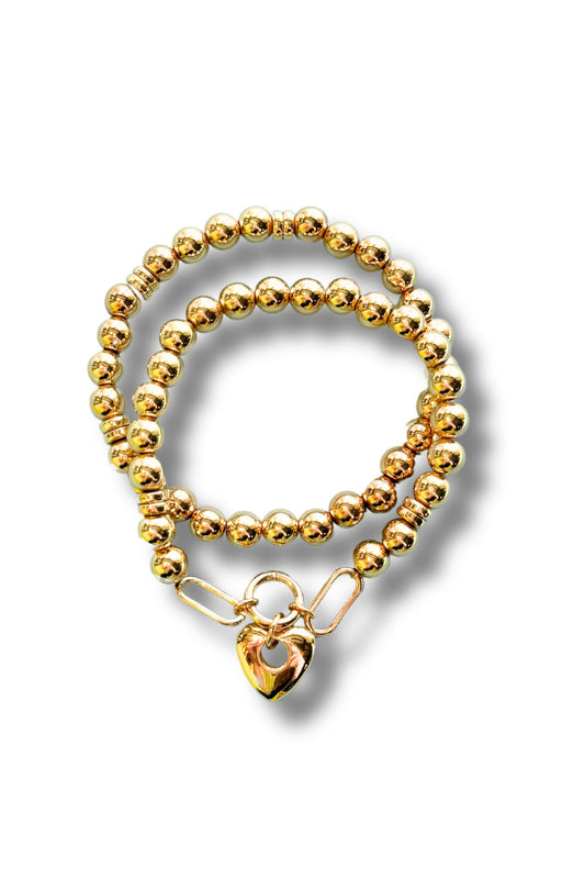 Gold Bead Heart Charm Bracelet Set