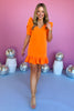 Orange V Neck Puff Sleeve Ruffle Hem Dress