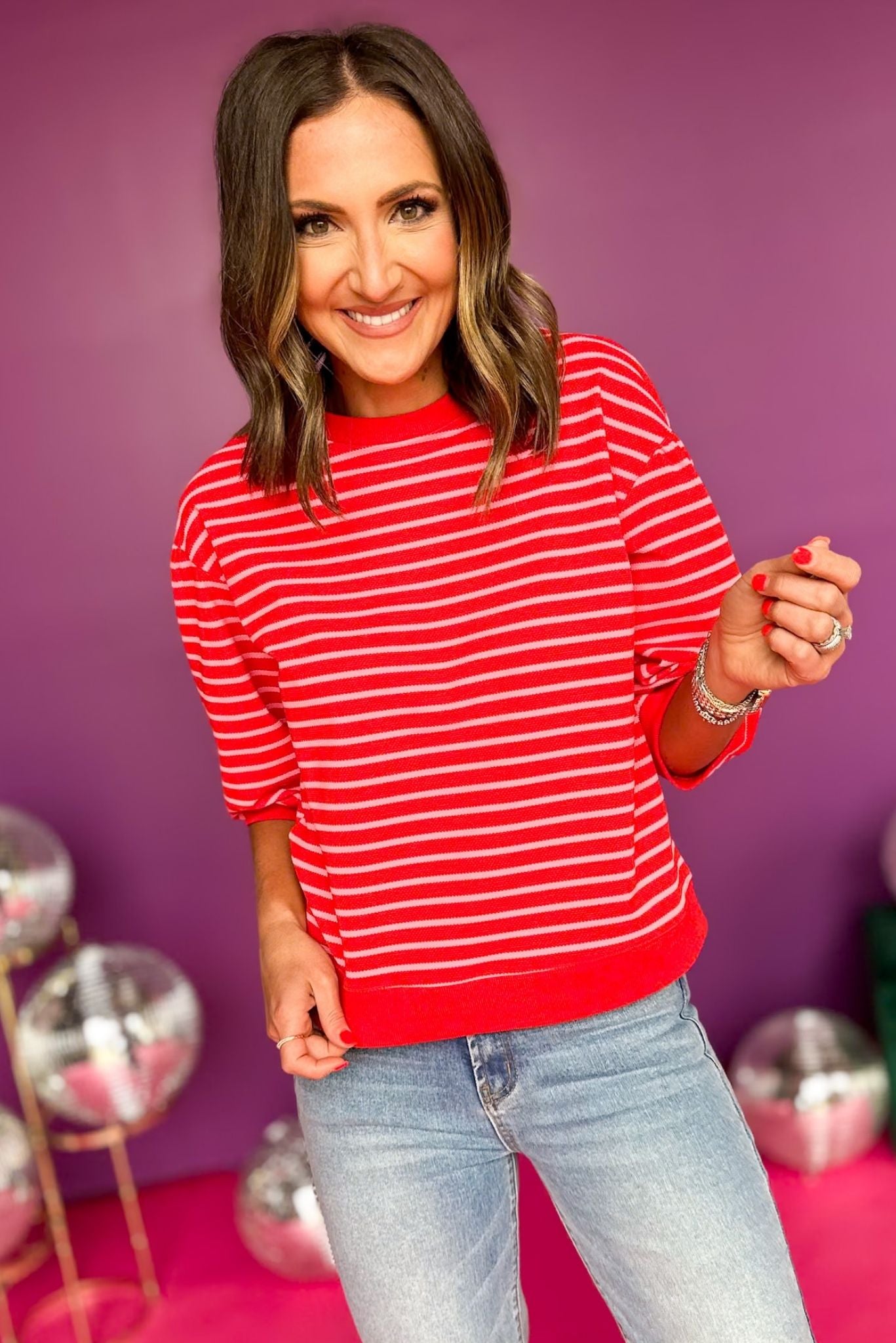 Red Striped Three-Quarter Sleeve Drop Shoulder Top, must have top, must have style, office style, spring fashion, elevated style, elevated top, mom style, work top, shop style your senses by mallory fitzsimmons