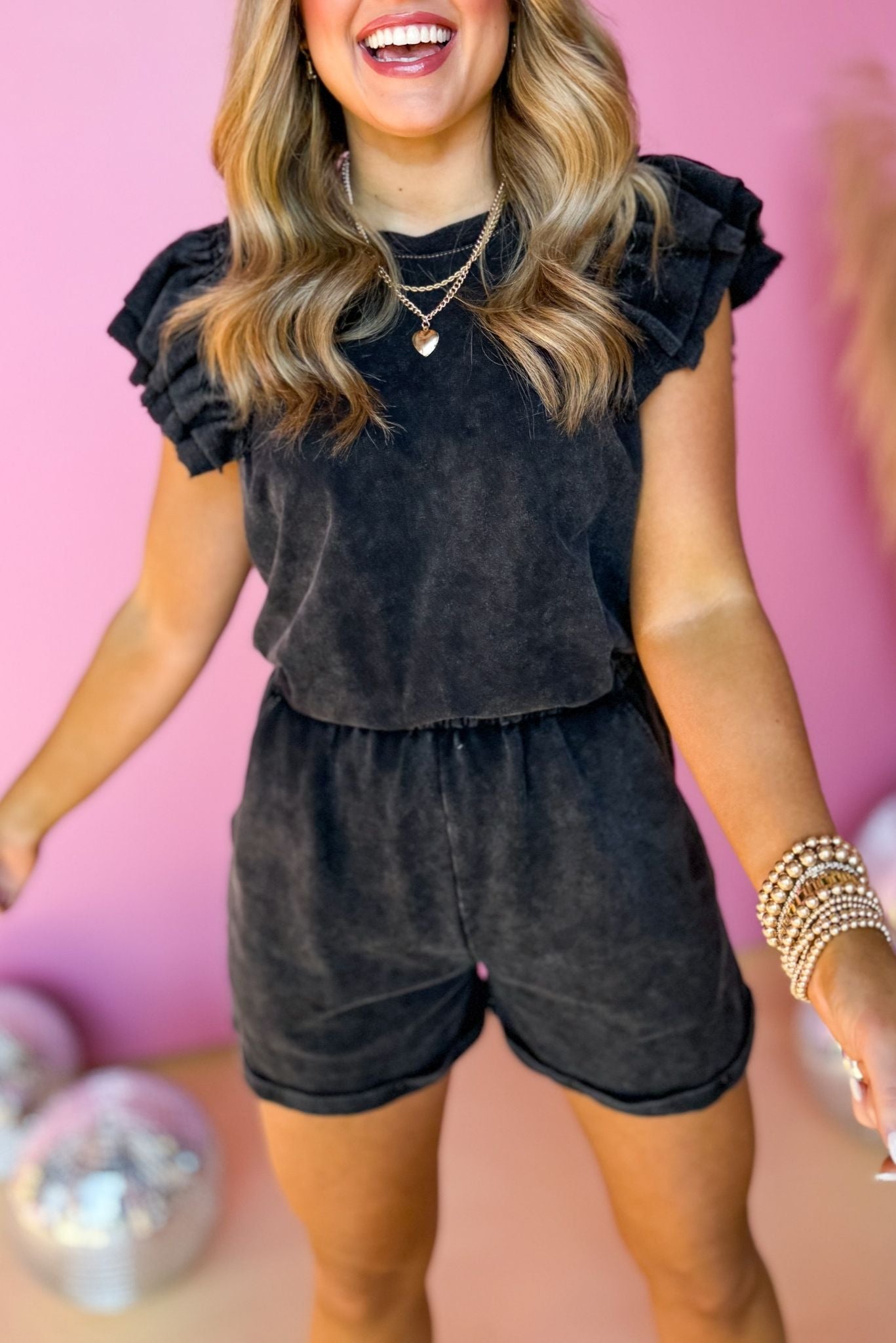 Black Double Ruffle Sleeve Elastic Waist Romper, Western romper, western style, rodeo style, concert style, must have concert, must have style, elevated romper, elevated style, spring style, must have spring romper, mom style, shop style your senses by Mallory Fitzsimmons, says by Mallory Fitzsimmons