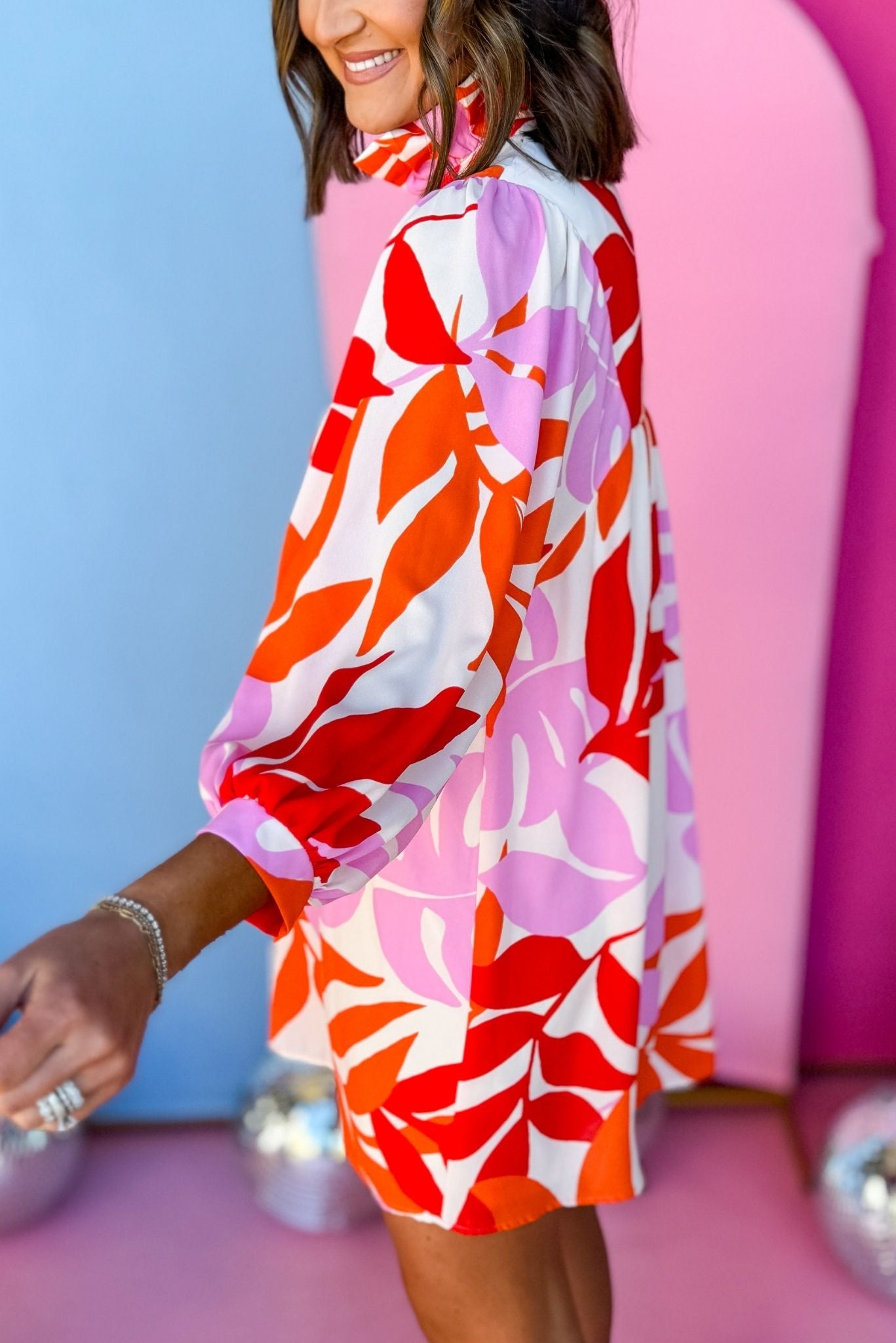 Orange Floral High Ruffle Collar V Neck Dress, floral dress, must have dress, must have style, brunch style, spring fashion, elevated style, elevated dress, mom style, shop style your senses by mallory fitzsimmons, ssys by mallory fitzsimmons