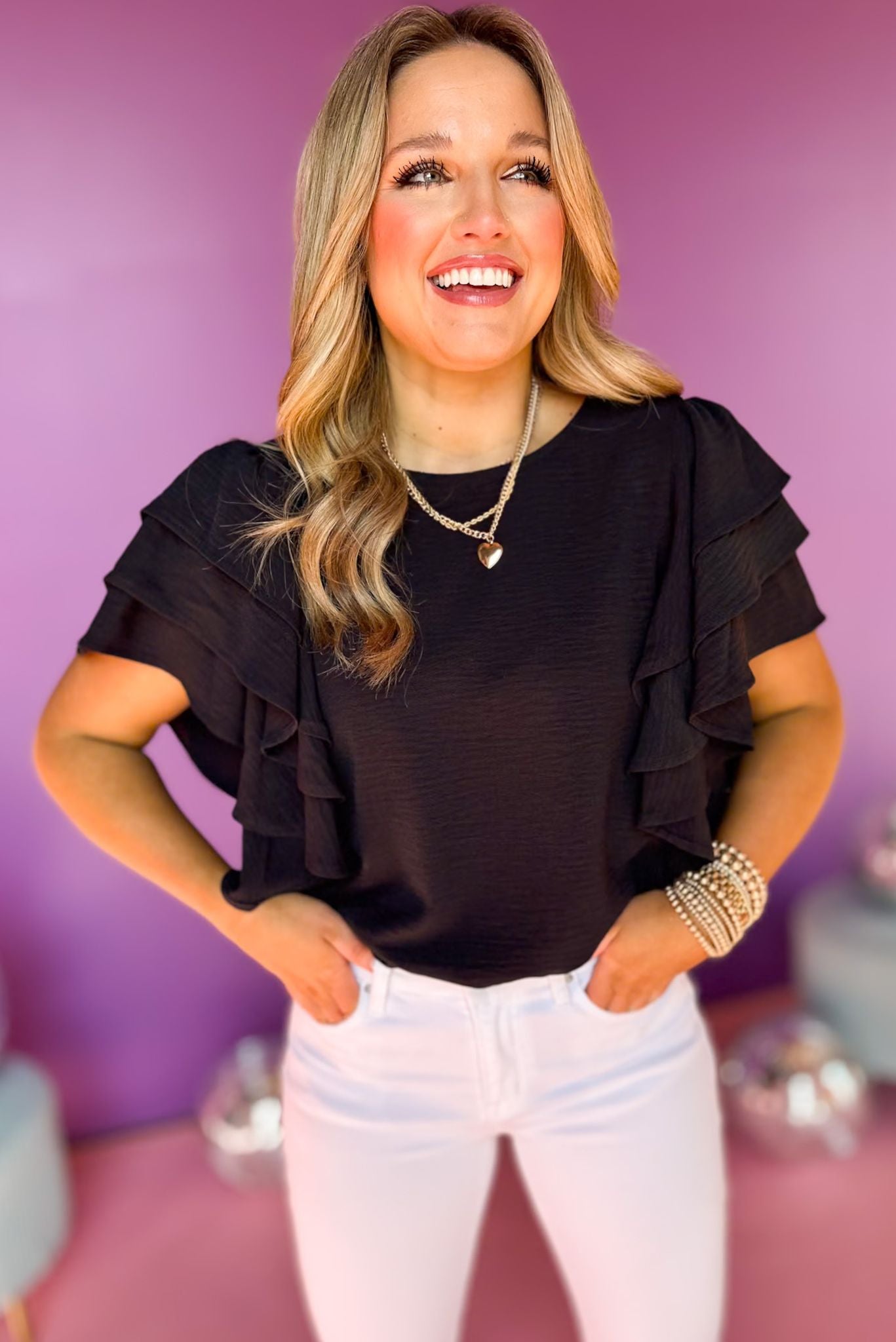 Black Woven Multi-Tiered Ruffle Sleeve Top *FINAL SALE* *Final Sale*, saturday steal, must have top, must have style, brunch style, summer style, spring fashion, elevated style, elevated top, mom style, shop style your senses by mallory fitzsimmons, ssys by mallory fitzsimmons